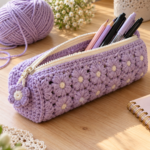 Lavender handmade crochet pencil case with zipper and pencils