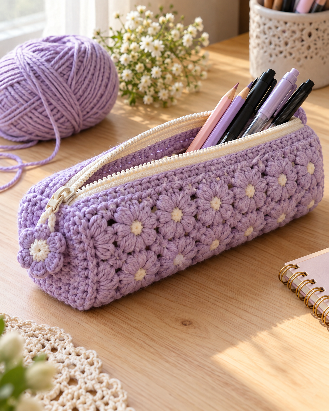 Lavender handmade crochet pencil case with zipper and pencils