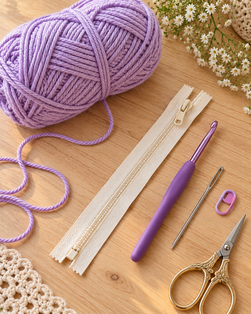 Materials needed to crochet a pencil case