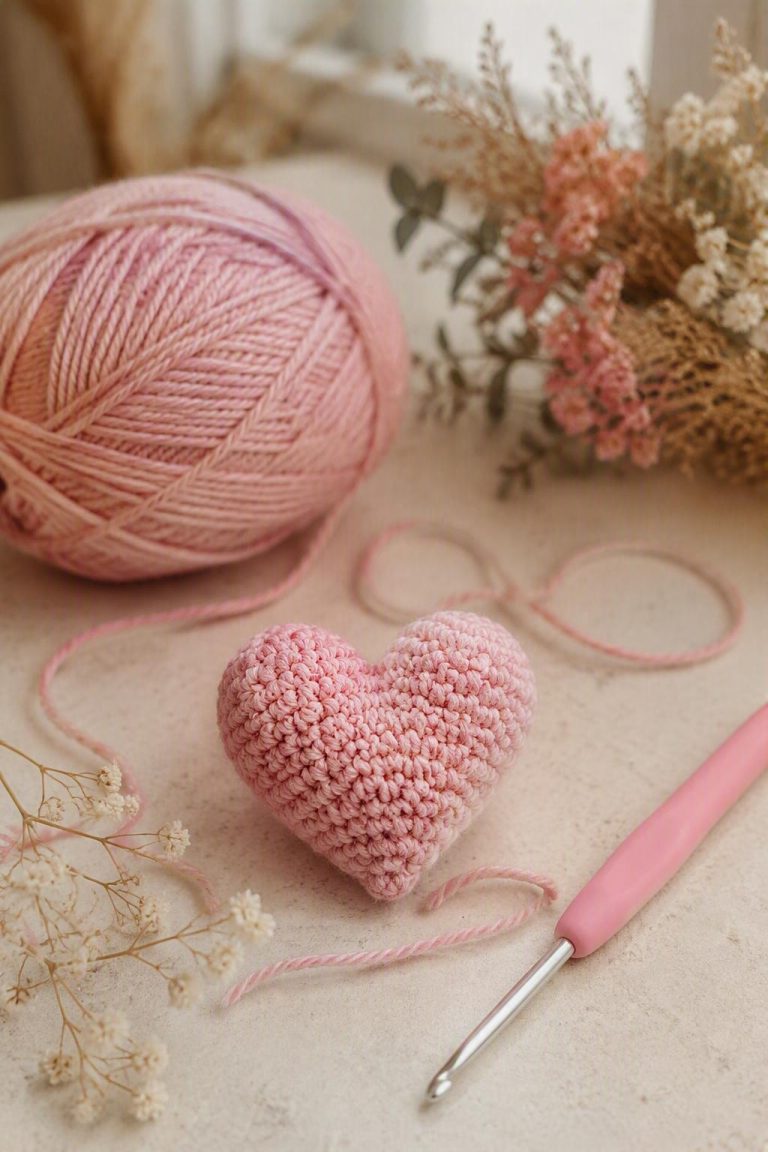 Pink handmade mini crochet heart made with cotton yarn