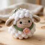 Finished white fluffy crochet sheep keychain with beige face, green collar and flower