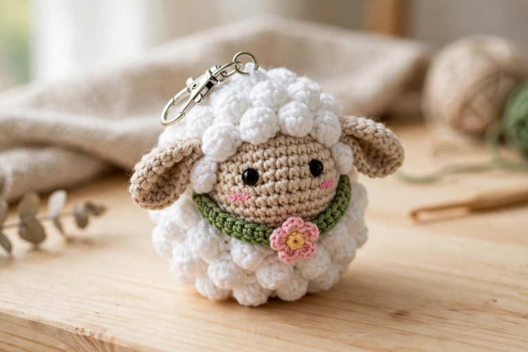 Finished white fluffy crochet sheep keychain with beige face, green collar and flower
