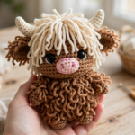 Crochet Highland cow amigurumi with shaggy cream fringe