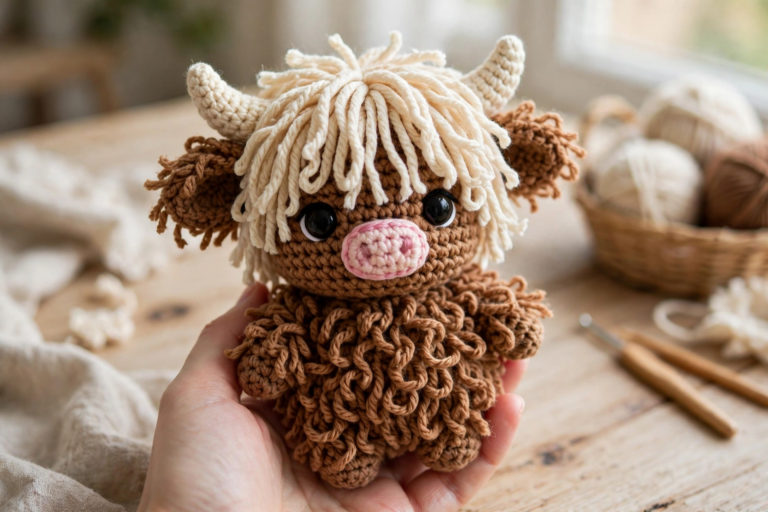 Crochet Highland cow amigurumi with shaggy cream fringe