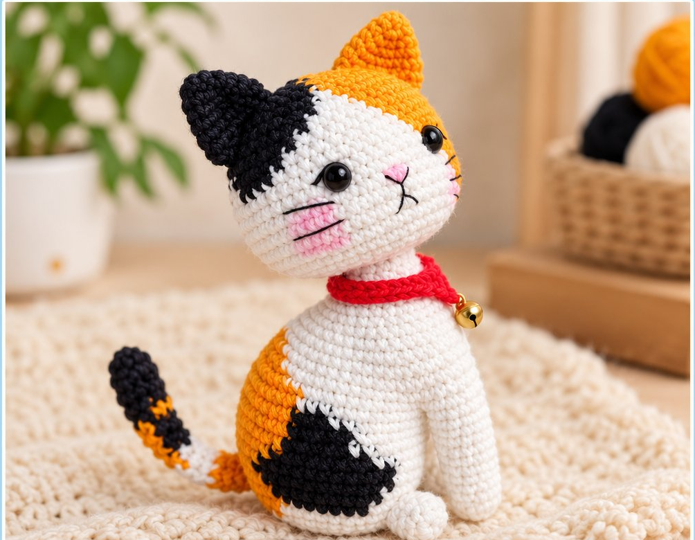 The finished calico cat amigurumi - white with orange and black patches