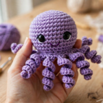 Finished purple crochet octopus amigurumi pattern with curly tentacles, safety eyes and embroidered smile