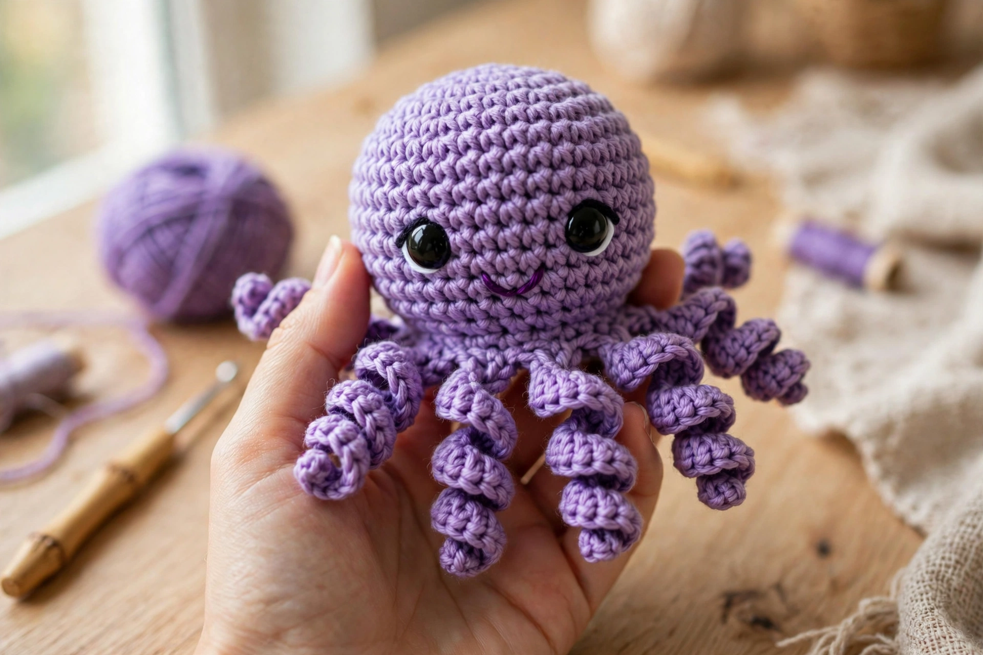 Finished purple crochet octopus amigurumi pattern with curly tentacles, safety eyes and embroidered smile