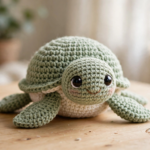 Crochet turtle amigurumi in sage green with a cream belly