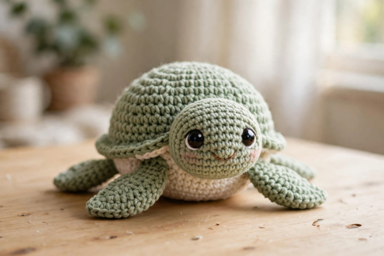 Crochet turtle amigurumi in sage green with a cream belly