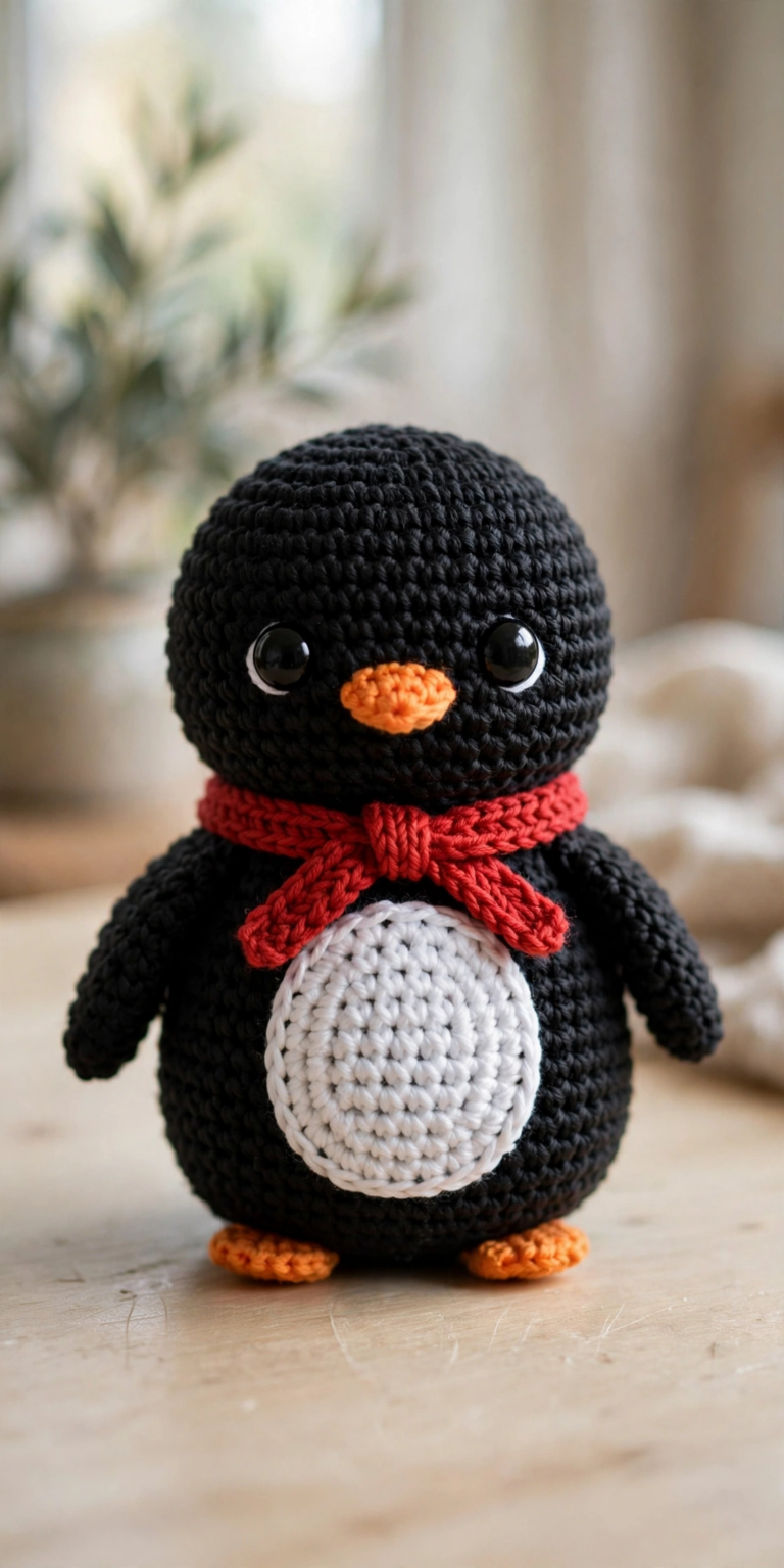 Crochet penguin pattern finished penguin with red winter scarf