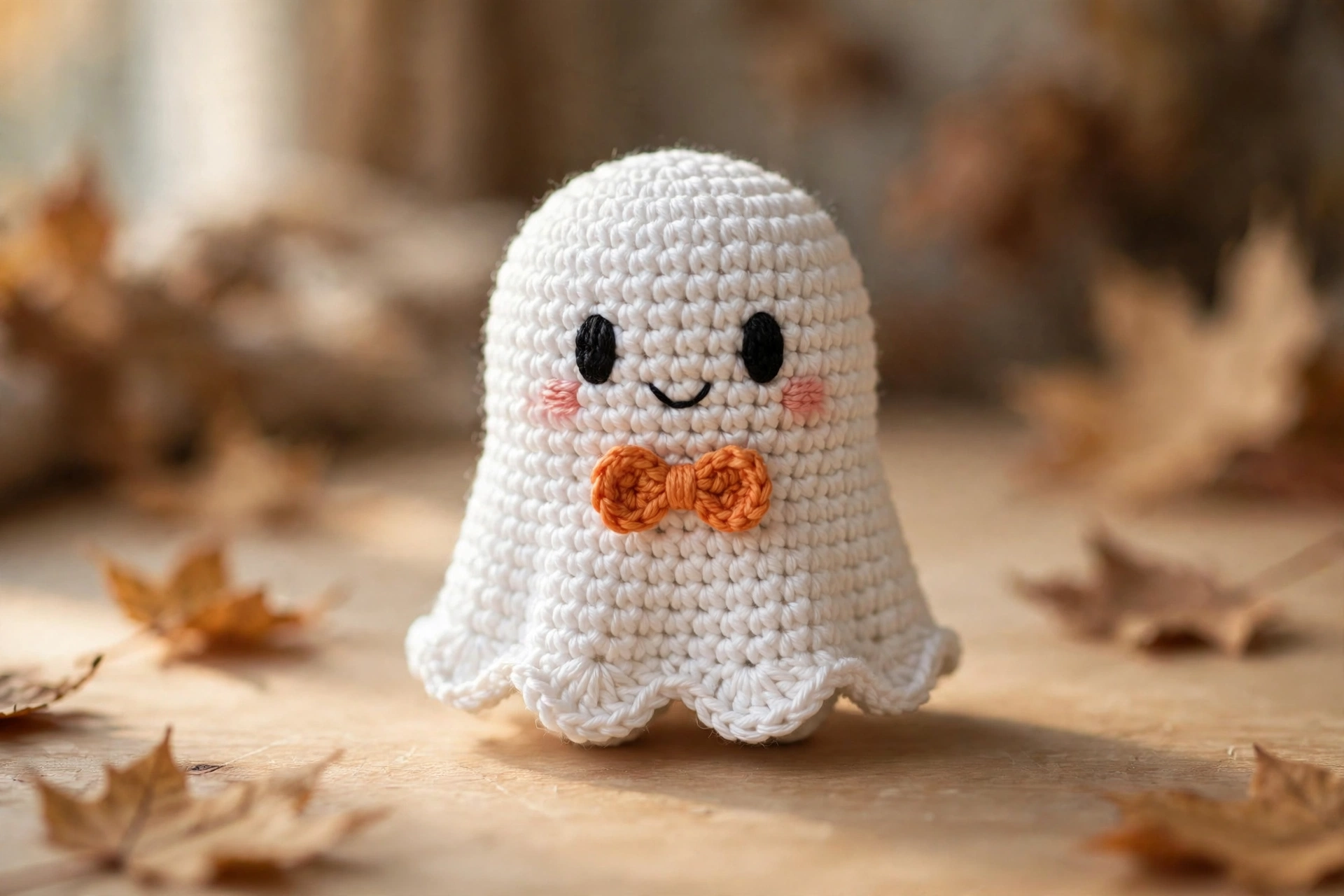 Cute crochet ghost amigurumi with orange bow tie – free crochet ghost pattern.