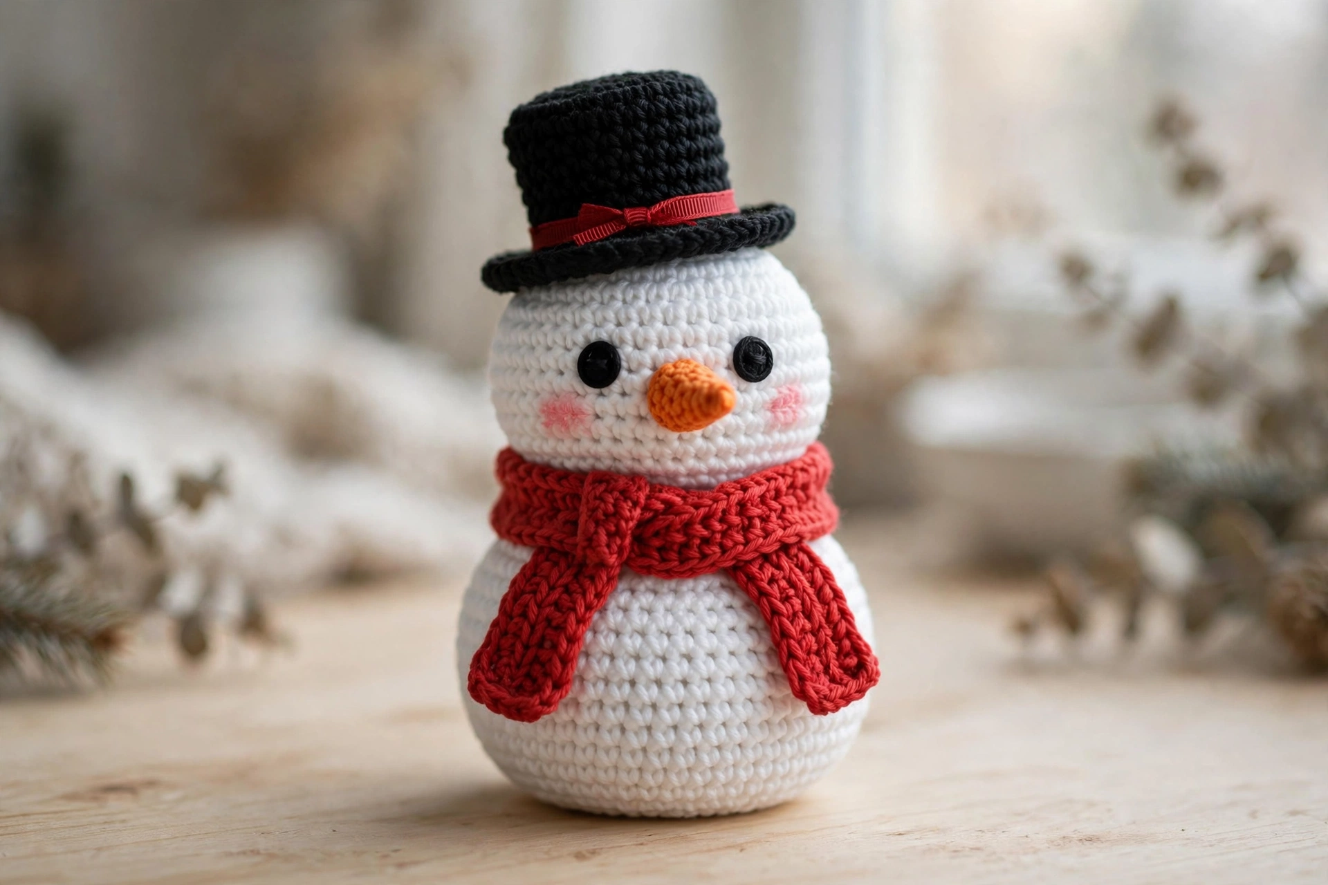 Crochet snowman pattern - finished amigurumi snowman with orange carrot nose, red scarf and black top hat on a wooden table