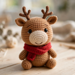 Crochet reindeer pattern: finished amigurumi reindeer with branchy antlers and red scarf
