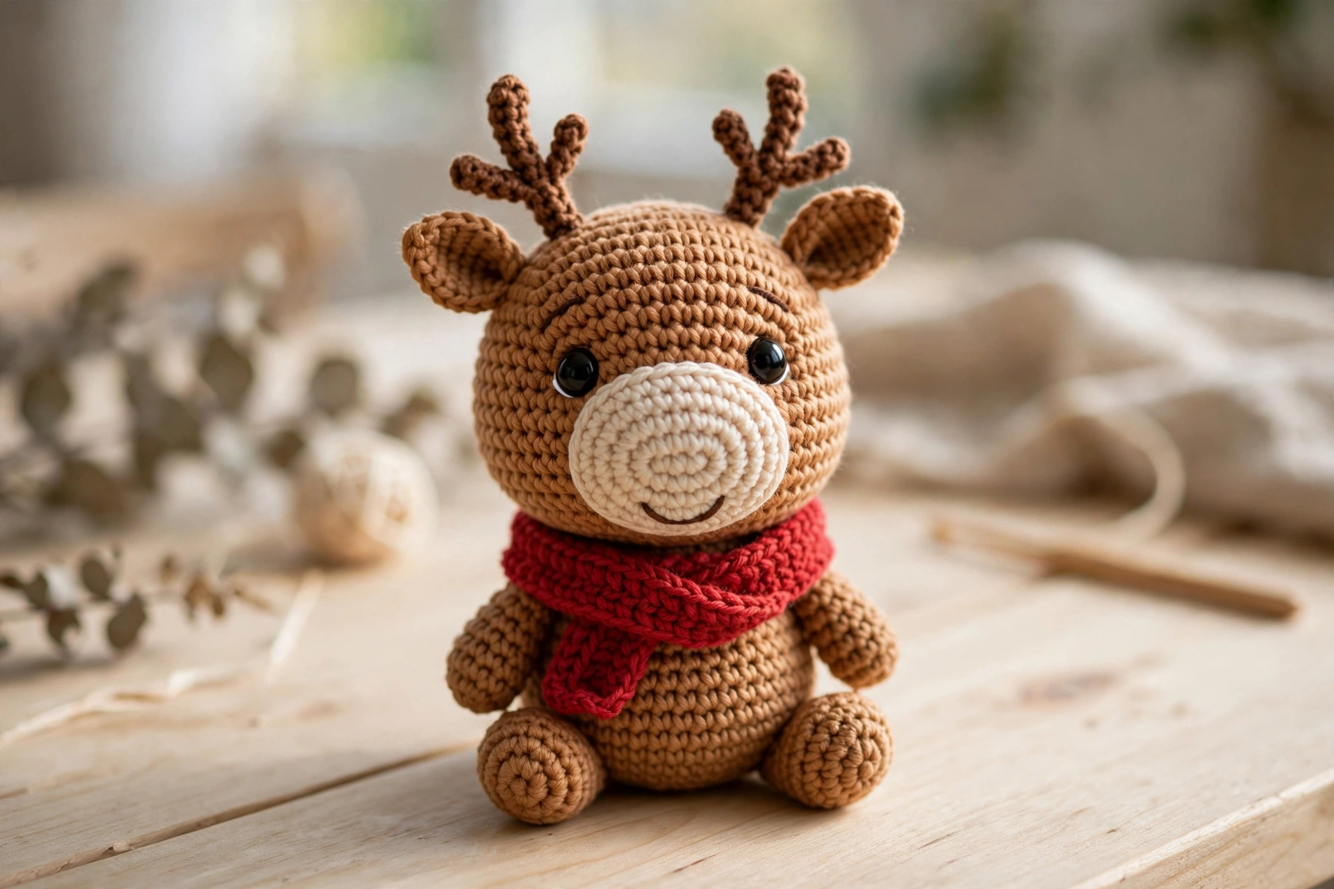 Crochet reindeer pattern: finished amigurumi reindeer with branchy antlers and red scarf