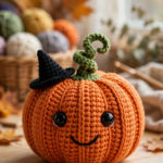 Finished halloween pumpkin crochet pattern — cute orange pumpkin amigurumi with curly green stem and tiny black witch hat