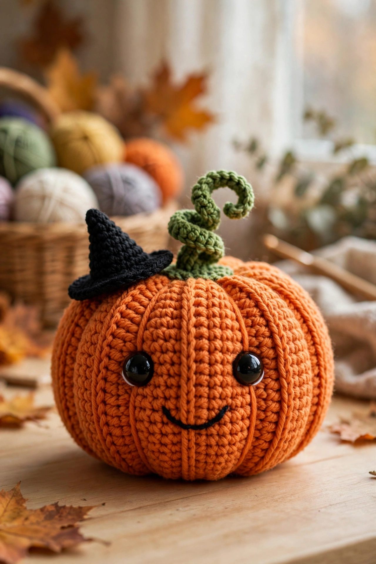 Finished halloween pumpkin crochet pattern — cute orange pumpkin amigurumi with curly green stem and tiny black witch hat