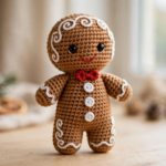 Crochet gingerbread man pattern: finished amigurumi gingerbread man with white icing swirls and red bow tie