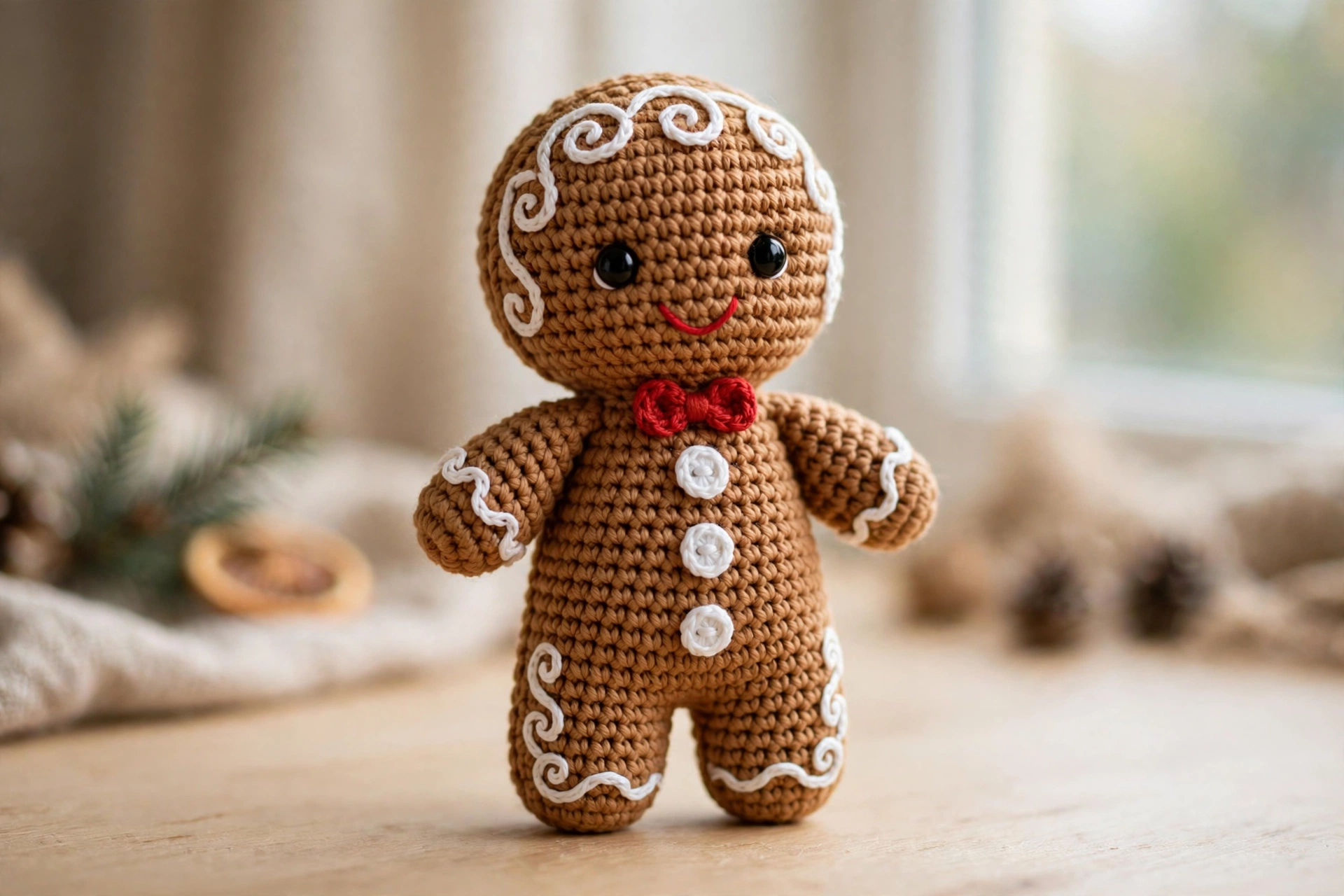 Crochet gingerbread man pattern: finished amigurumi gingerbread man with white icing swirls and red bow tie