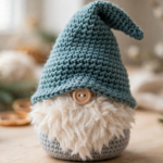 Finished crochet Christmas gnome with dusty teal cone hat, cream fluffy beard and wooden button nose.