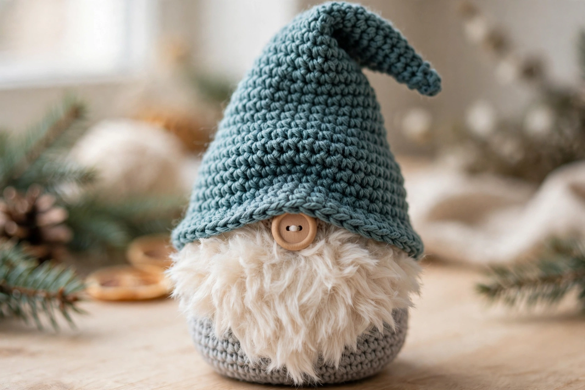 Finished crochet Christmas gnome with dusty teal cone hat, cream fluffy beard and wooden button nose.