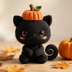 Finished crochet pumpkin kitty pattern — black amigurumi kitty wearing an orange pumpkin hat with a brown stem and green leaf