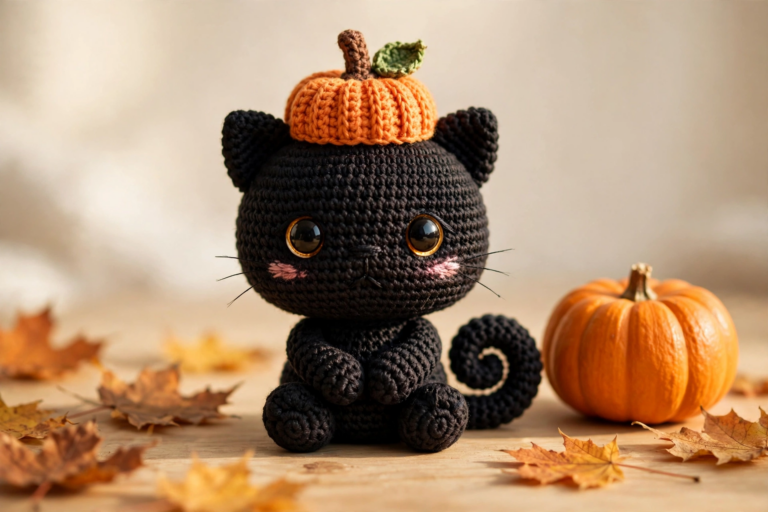 Finished crochet pumpkin kitty pattern — black amigurumi kitty wearing an orange pumpkin hat with a brown stem and green leaf