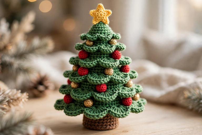 Crochet Christmas tree pattern – finished green tiered amigurumi tree with red and gold ornaments and yellow star topper