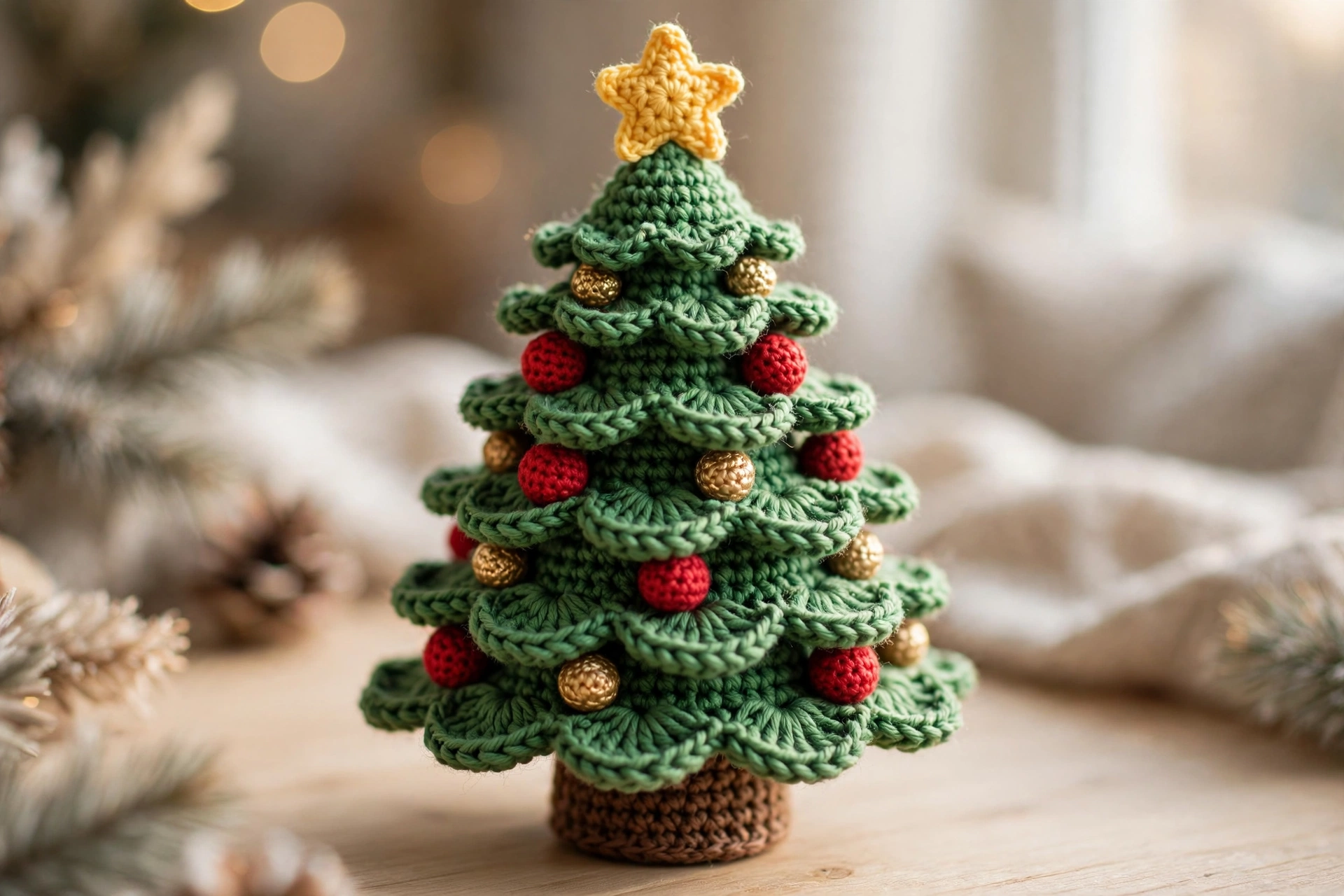 Crochet Christmas tree pattern – finished green tiered amigurumi tree with red and gold ornaments and yellow star topper