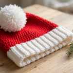 Finished crochet Santa Hat pattern – classic red hat with white ribbed brim and fluffy white pom pom