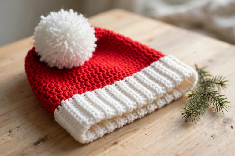 Finished crochet Santa Hat pattern – classic red hat with white ribbed brim and fluffy white pom pom