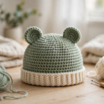 Finished crochet bear ears hat pattern — sage green baby hat with two round ears and a cream ribbed brim
