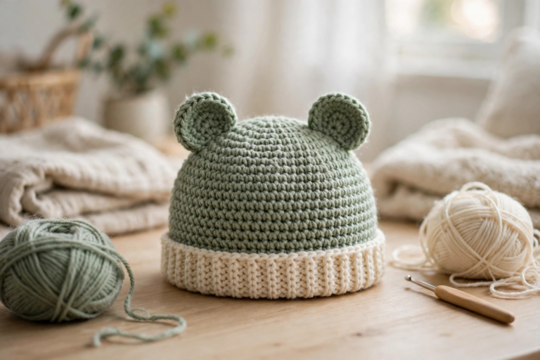 Finished crochet bear ears hat pattern — sage green baby hat with two round ears and a cream ribbed brim