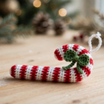 Crochet candy cane Christmas ornament with red and white stripes and a green bow