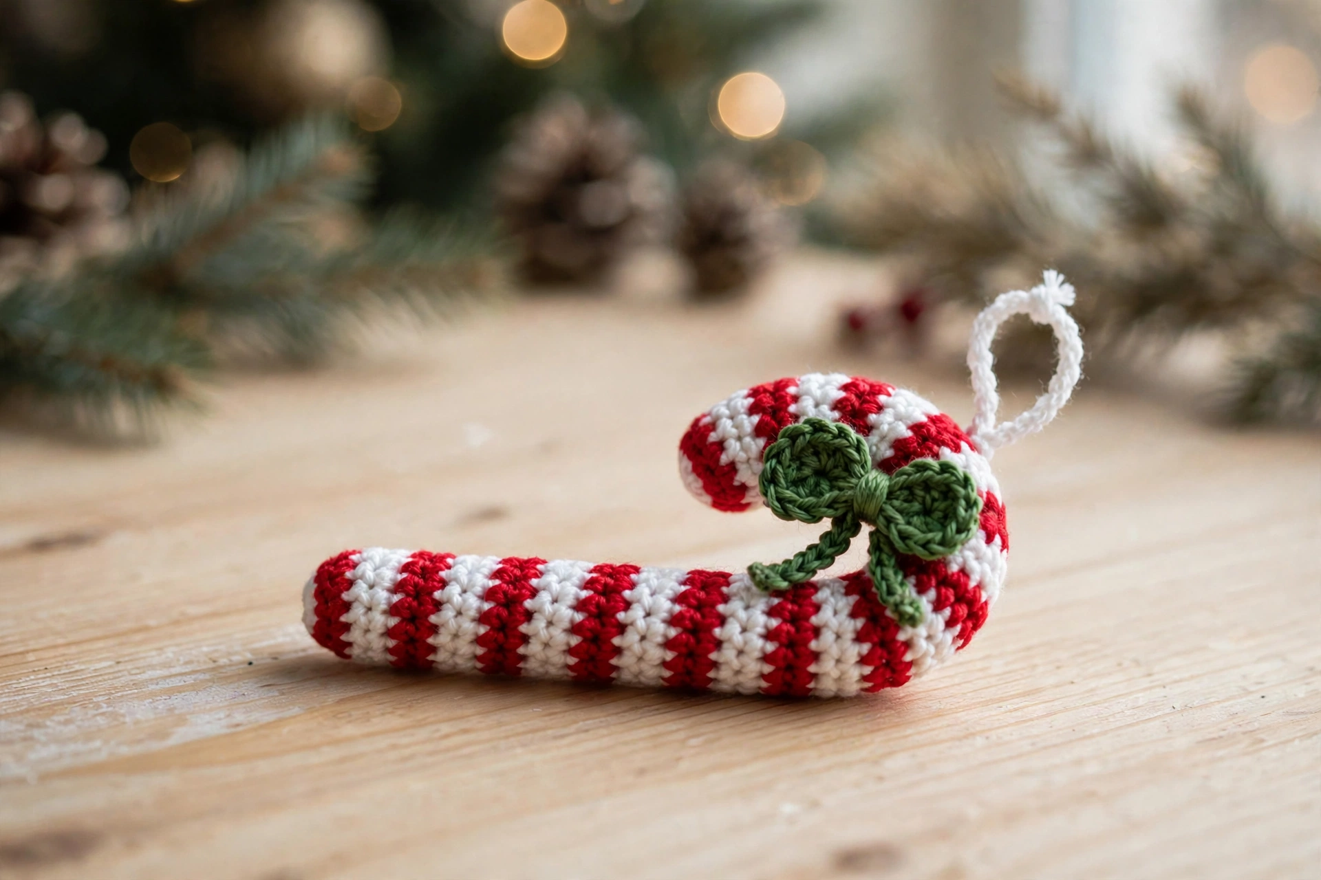 Crochet candy cane Christmas ornament with red and white stripes and a green bow
