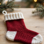 Finished red and white crochet Christmas stocking with a cream ribbed cuff, white heel and toe, and a hanging loop, lying on a light wooden table with pine sprigs.