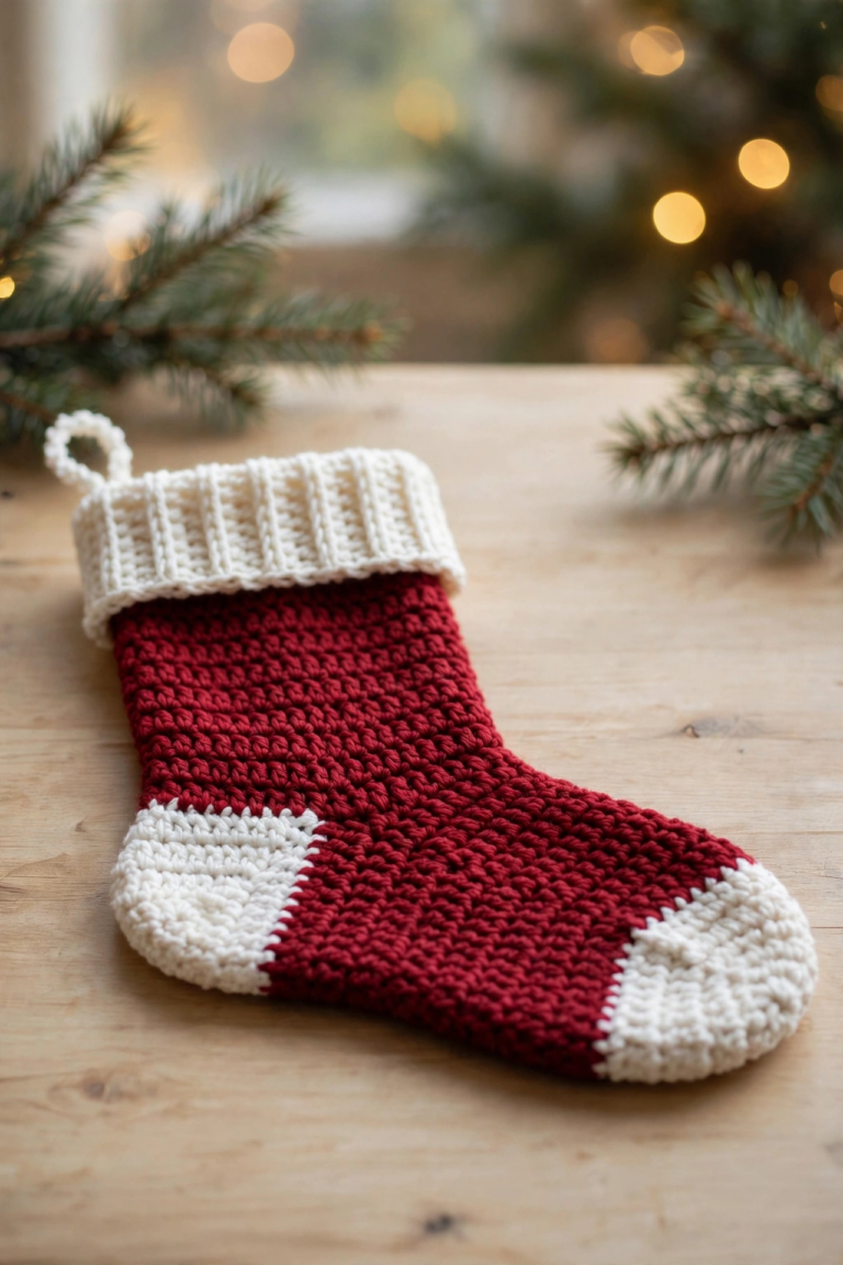 Finished red and white crochet Christmas stocking with a cream ribbed cuff, white heel and toe, and a hanging loop, lying on a light wooden table with pine sprigs.