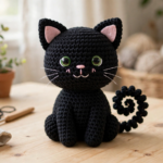Finished crochet black cat amigurumi with green eyes, pink inner ears and curly tail
