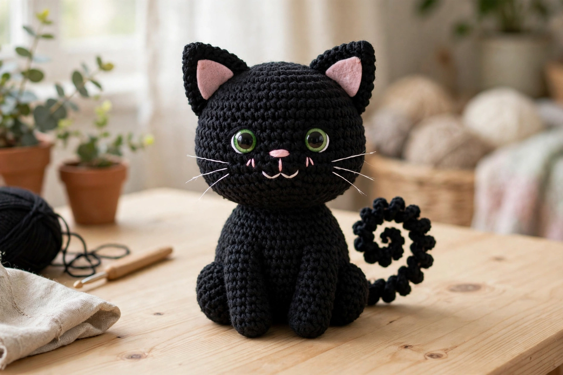 Finished crochet black cat amigurumi with green eyes, pink inner ears and curly tail