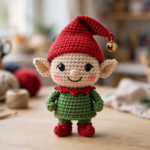 Finished crochet Christmas elf pattern — cute amigurumi elf with red pointy hat, gold bell, green tunic and red shoes