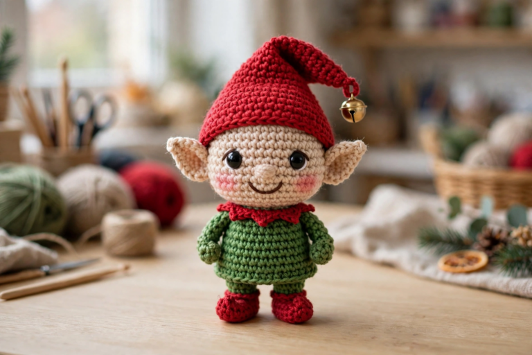 Finished crochet Christmas elf pattern — cute amigurumi elf with red pointy hat, gold bell, green tunic and red shoes