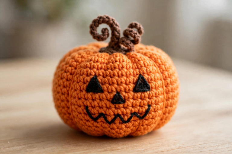Finished crochet jack-o-lantern amigurumi with black triangle eyes, zigzag smile and curly brown stem on a light wooden table