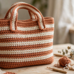 Finished terracotta and cream striped crochet tote bag on a wooden table