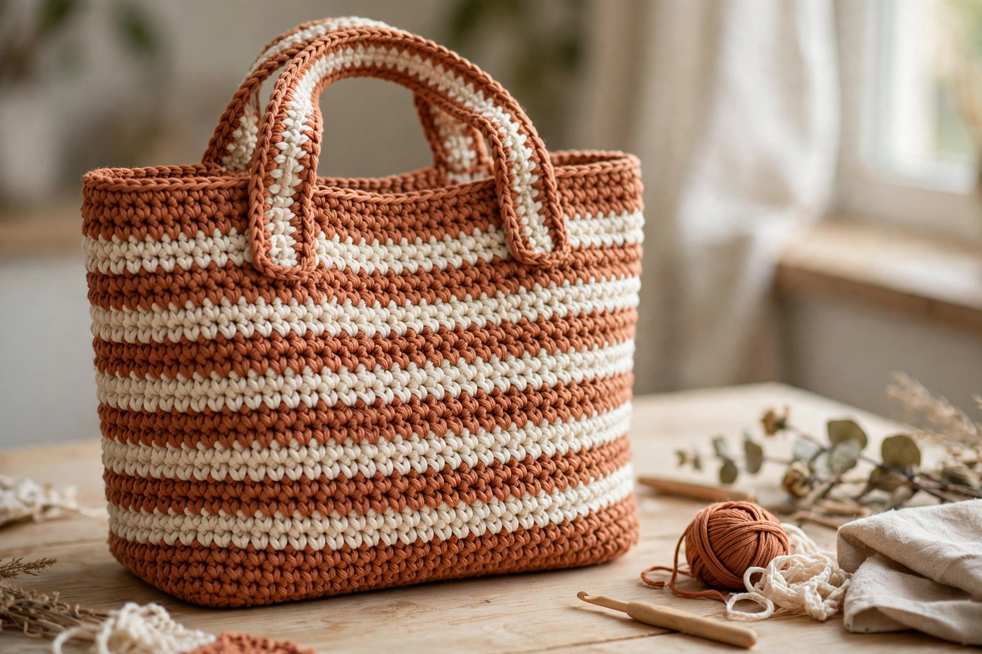 Finished terracotta and cream striped crochet tote bag on a wooden table