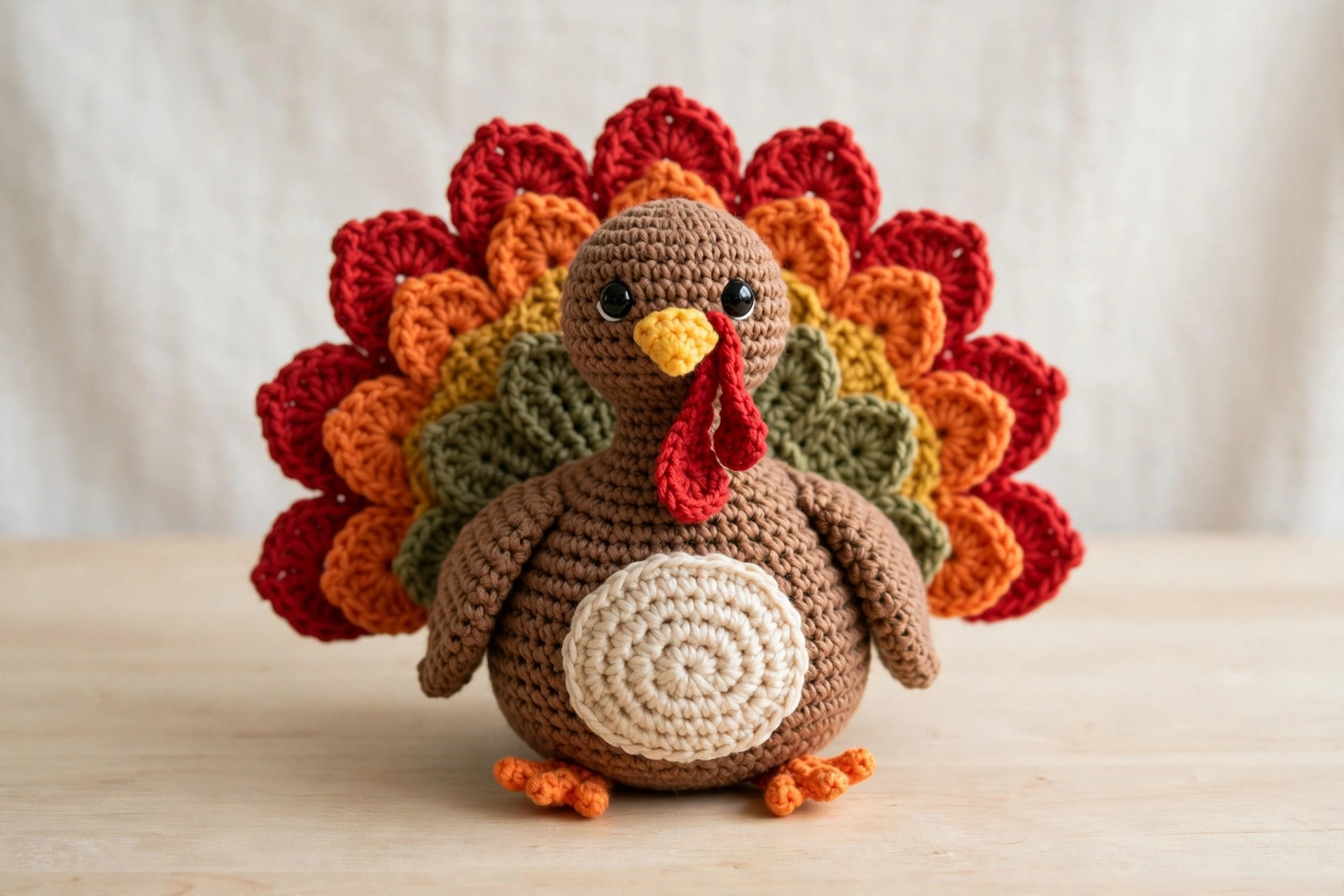 Crochet turkey pattern — chubby brown turkey with harvest fan tail