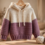 Chunky crochet hoodie pattern in cream and dusty mauve