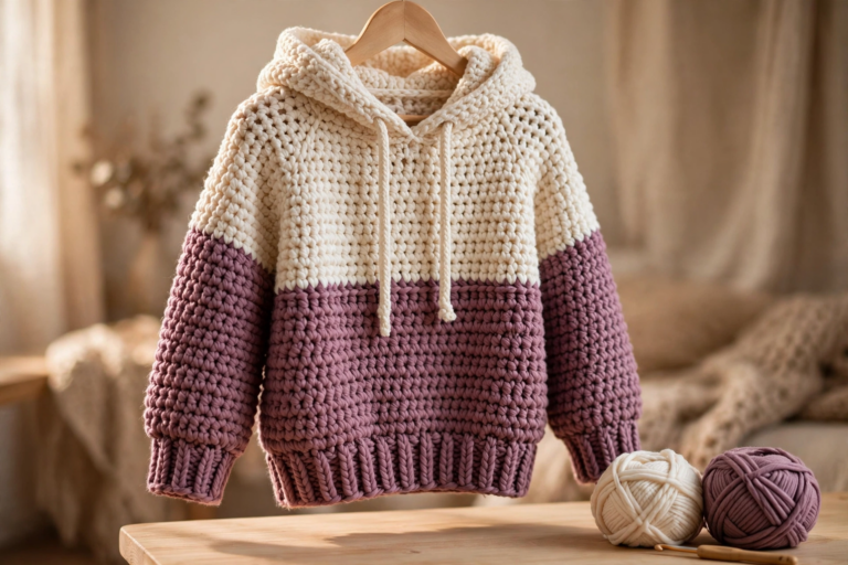 Chunky crochet hoodie pattern in cream and dusty mauve