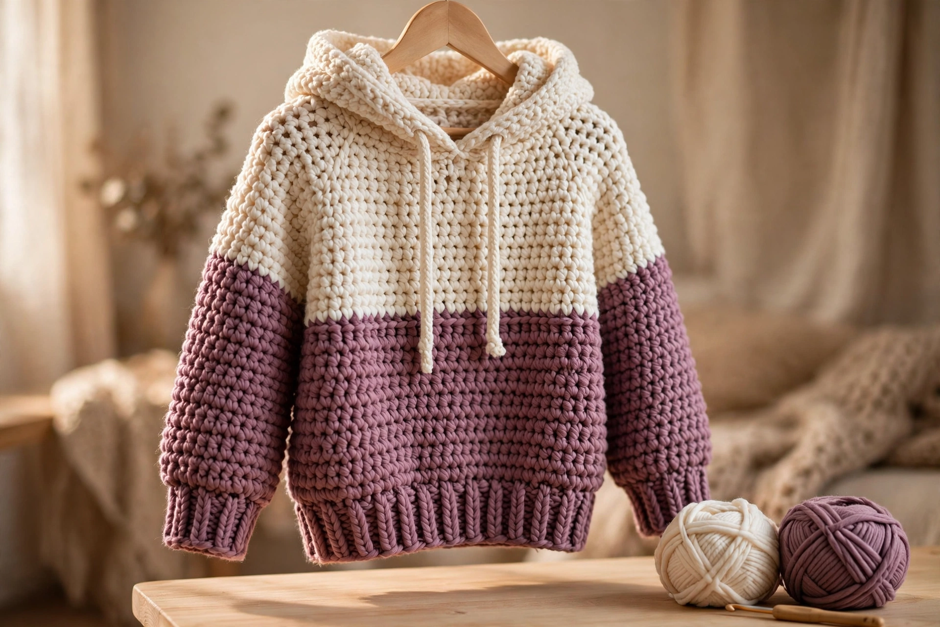 Chunky crochet hoodie pattern in cream and dusty mauve
