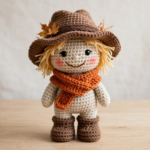 Finished crochet scarecrow pattern with floppy hat and orange scarf