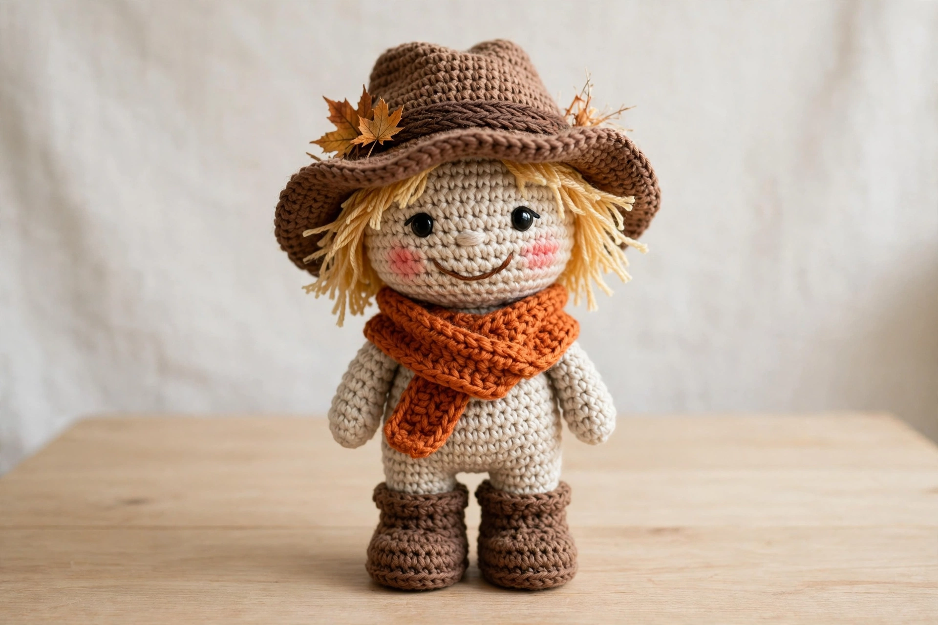 Finished crochet scarecrow pattern with floppy hat and orange scarf