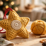 Finished golden crochet Christmas star ornament with cream centre